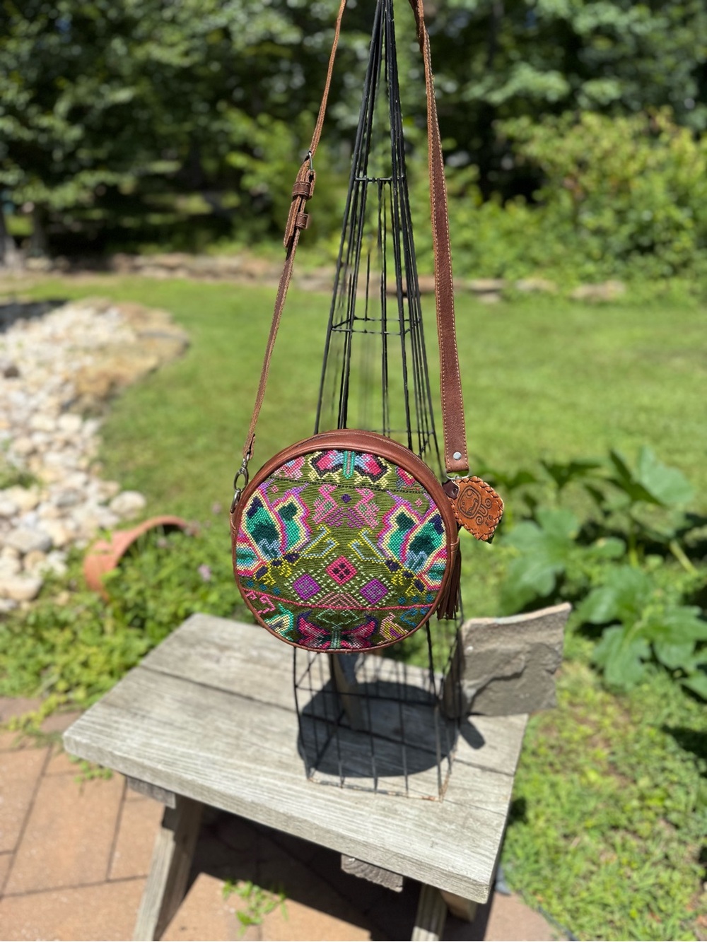 Handcrafted Round Multicolor butterfly motif Crossbody with Brown Leather Trim